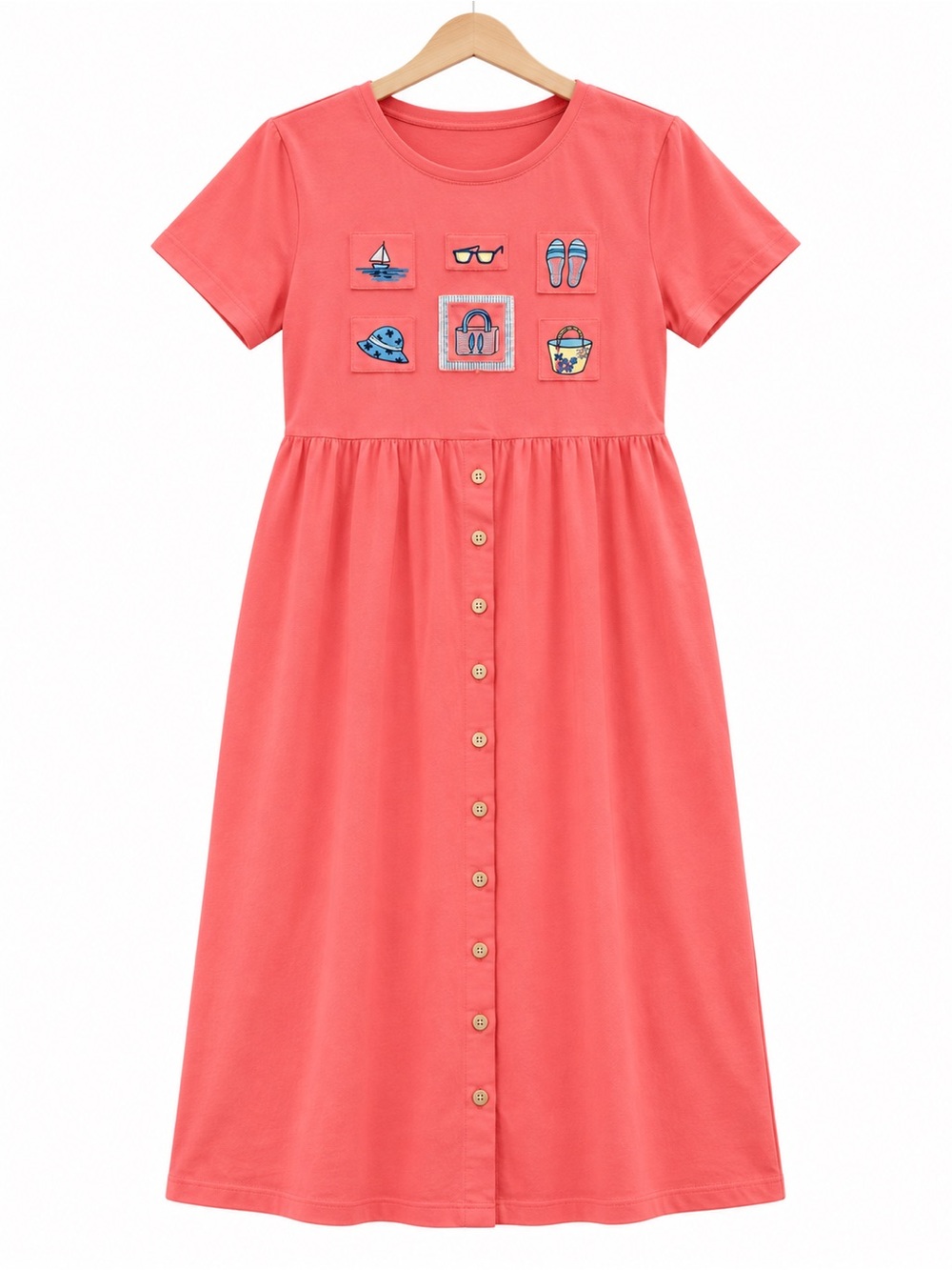 VTG 90s Onque Casual Coral Maxi Dress Novelty Beach Applique Button Down kitschy
